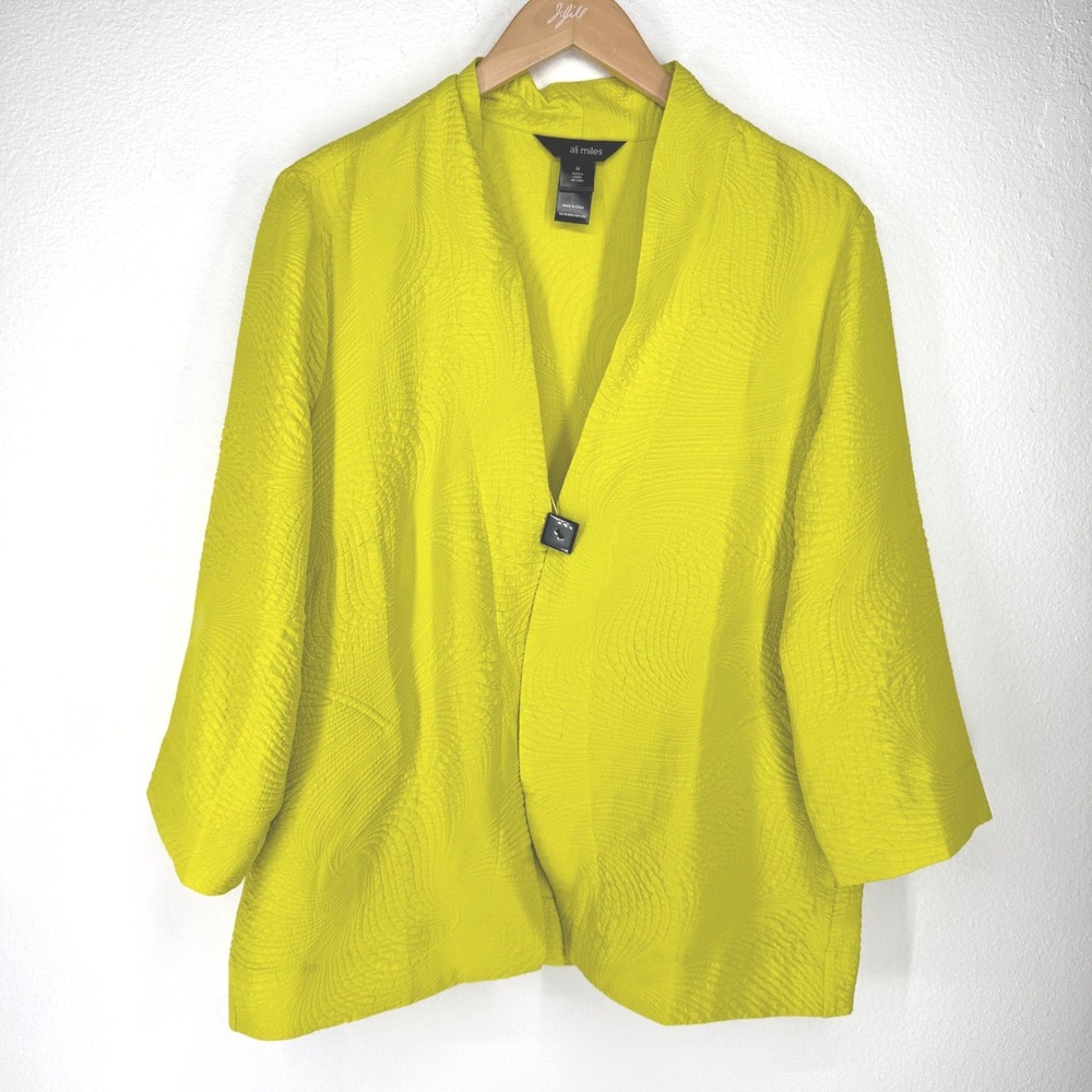 Ali Miles Women Textured Open Front Blazer Jacket M Yellow Art Teacher Lagenlook
